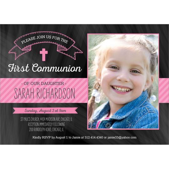 Pink Chalkboard Communion Photo Invitations